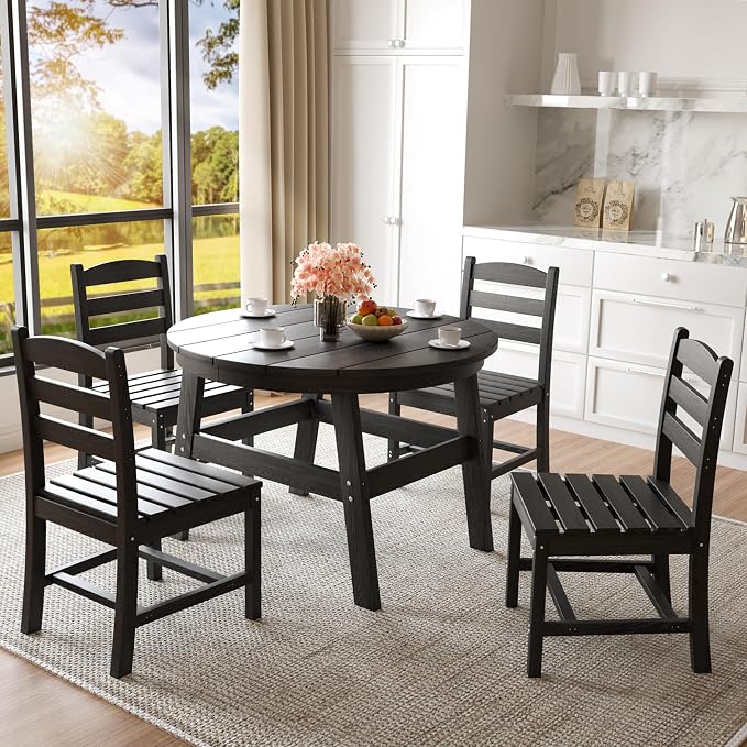 Pamapic 5 PCS Round Outdoor Dining Set, Wood Grain HDPE Outdoor Table and Chairs - Image 2