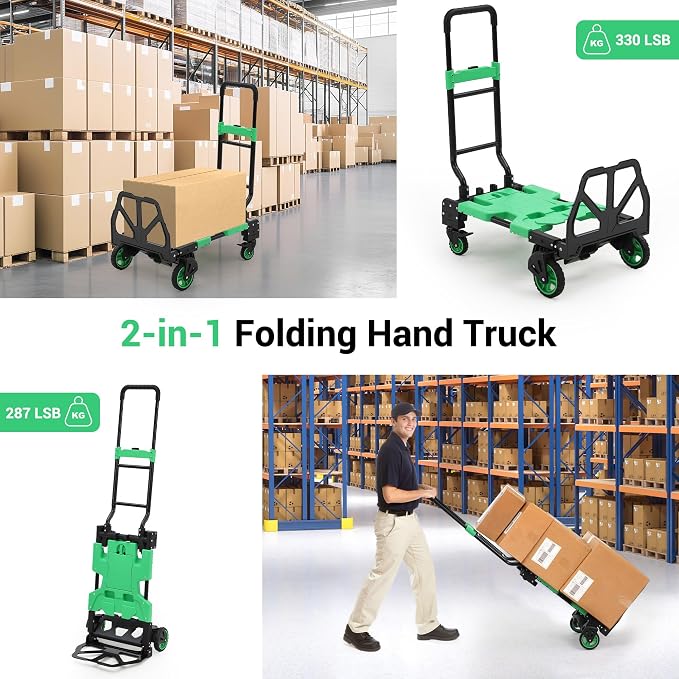 2-in-1 Folding Hand Truck with Basket, Heavy Duty 330LBS Collapsible Cart - Image 3