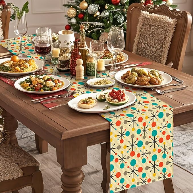 Mid Century Burlap Table Runner Seasonal Spring Fall Kitchen Dining Linen Table - Image 3