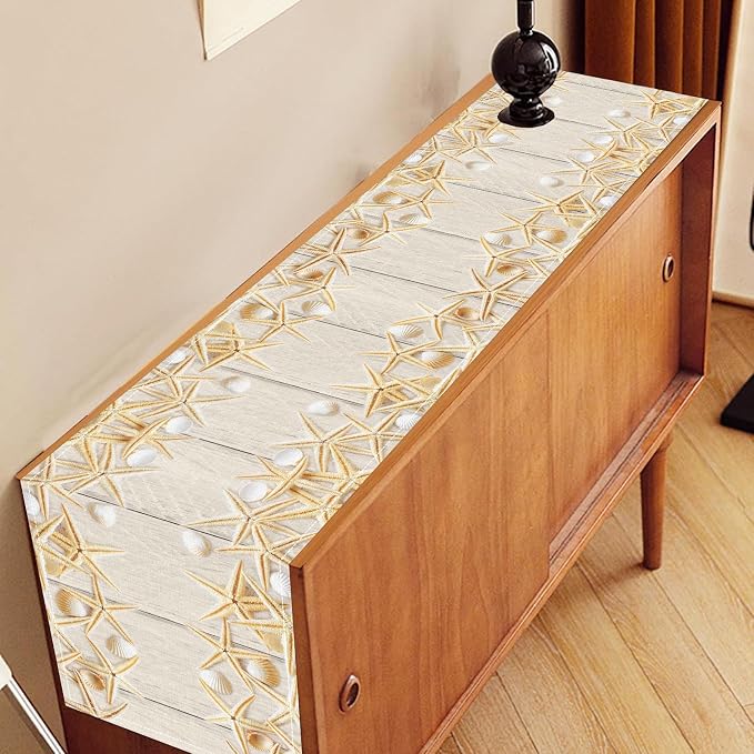 Summer Table Runner, Rustic Wood Plank Beach Starfish Seashells Coastal - Image 3