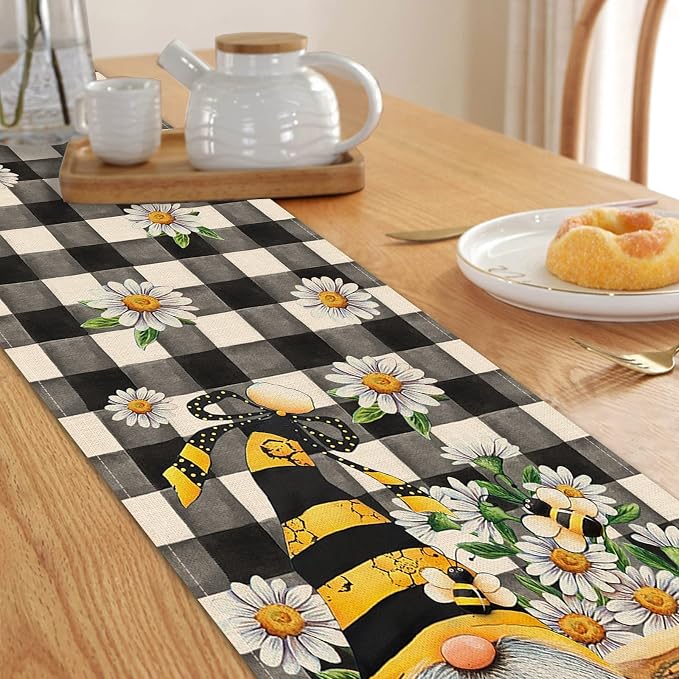 Seliem Spring Bee Gnome Table Runner, Honey Black White Buffalo Plaid Check - Image 5