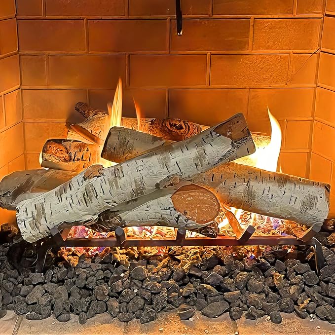Gas Fireplace Logs, Birch Logs 7pcs Fake Fireplace Insert, Faux Ceramic White - Image 5