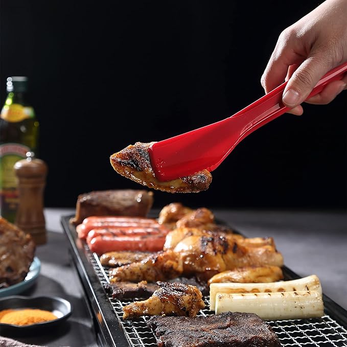 Tongs with Spatula, Silicone-Coated Steel, 11.4 Inch, Red