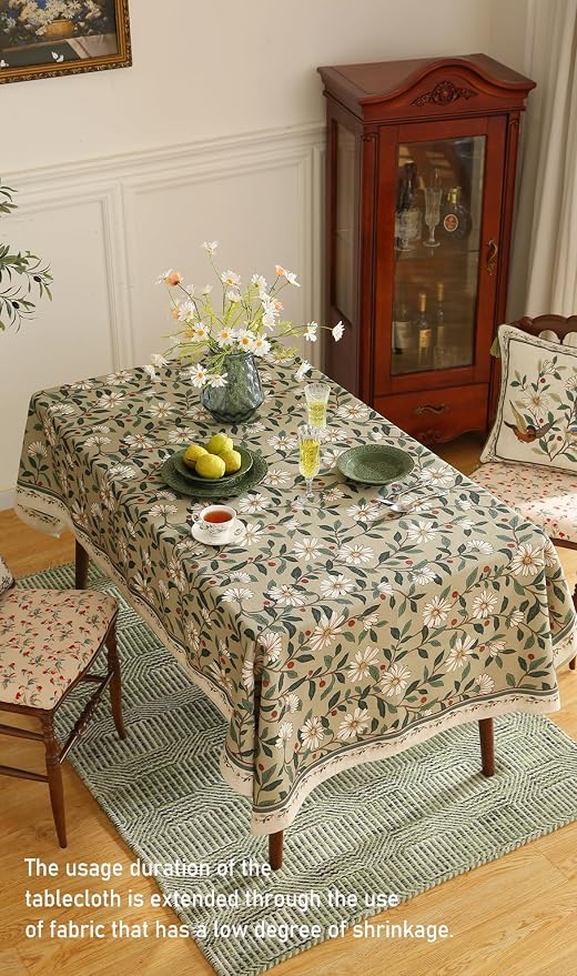 ISAENNE Designer Green Linen Table Cloth Rectangle, Floral French Country - Image 9