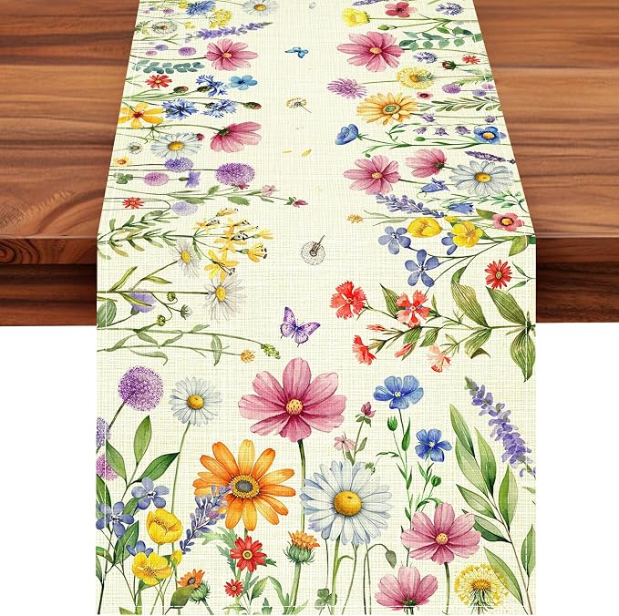 Daisy Tulip Lavender Floral Leaves Summer Table Runner, Spring Home Kitchen by Unknown