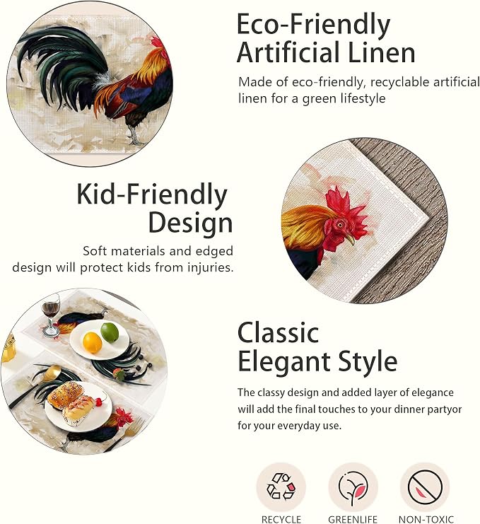 Hand-Painted Rooster Art Placemats Set of 6, Waterproof Non-Slip Washable Table - Image 3