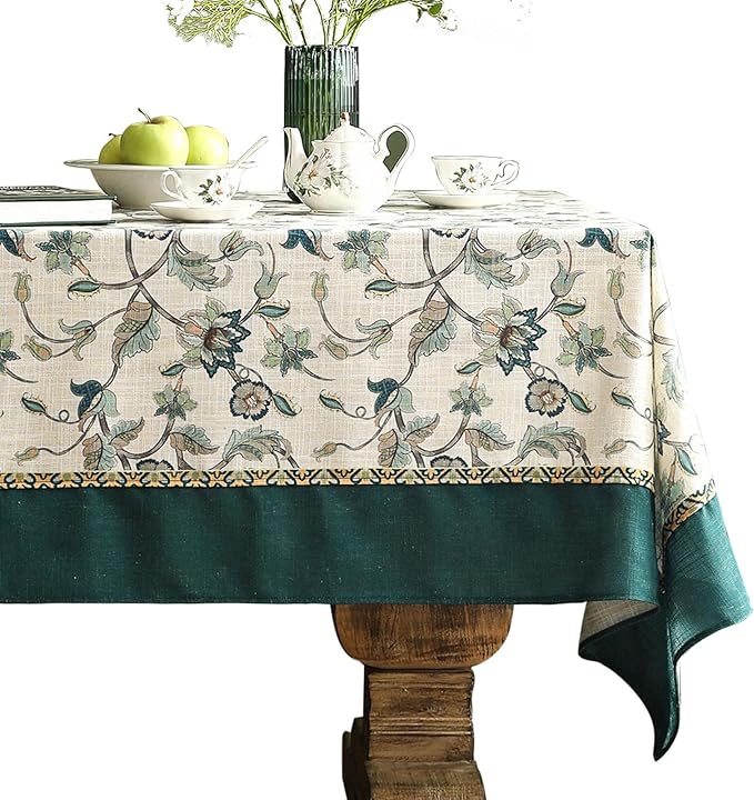 patdrea Designer Green Linen Rectangle Tablecloth, Vintage Floral Pattern by Welcometopatdrea
