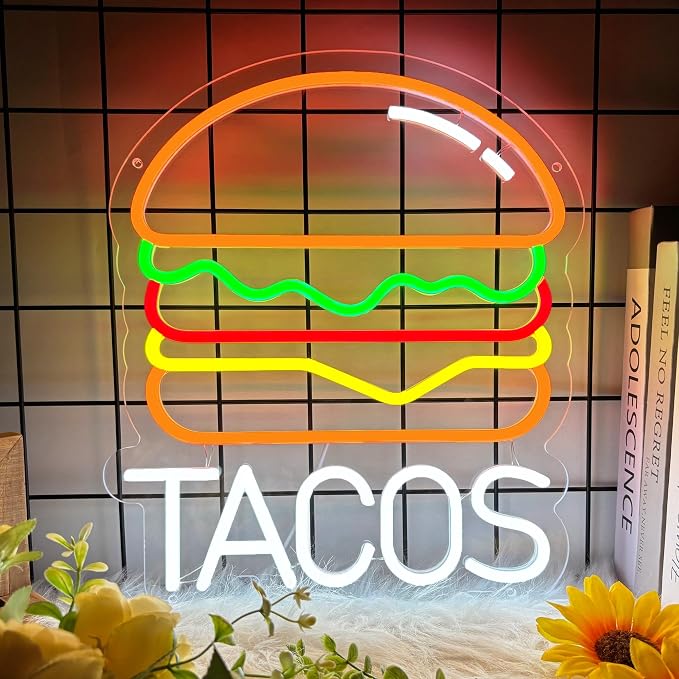 Tacos Neon Sign for Wall Decor, Hamburger Led Signs, Dimmable Neon Light Sign by Moneter