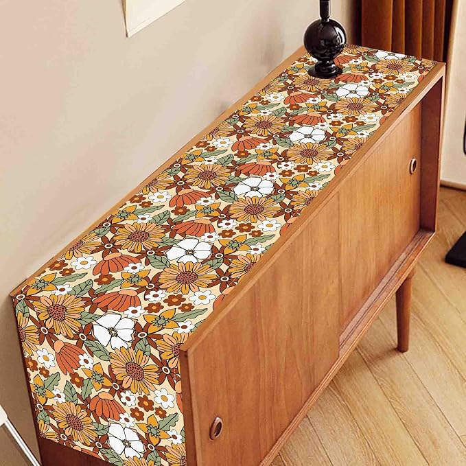 70s Floral Table Runner, Retro Groovy Hippie Oange Floral Funky Daisy Trippy - Image 3