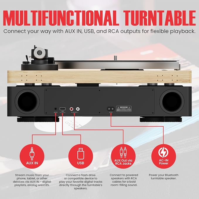 AudioSource Vinyl Record Player, Built-in Subwoofer, High Fidelity 2-Speed Belt - Image 8