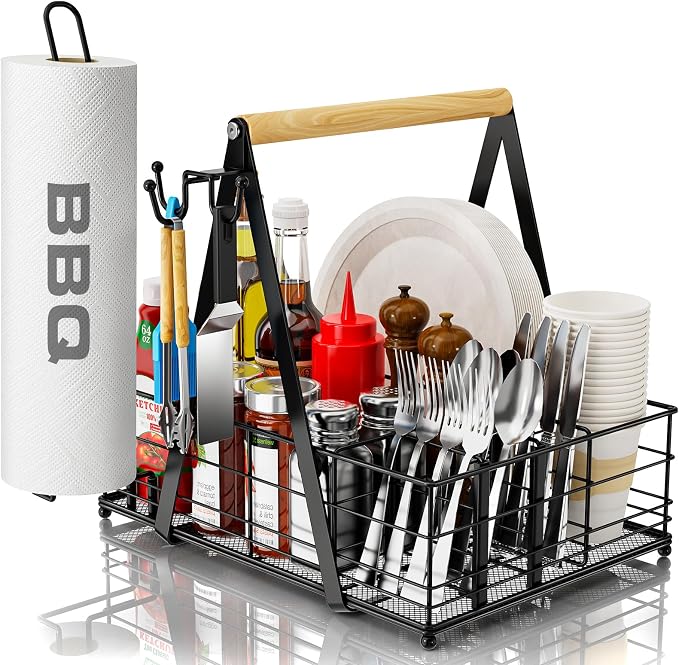 Grill Caddy with Paper Towel Holder, Picnic BBQ Condiment Utensil Organizer by GUIBUKEYAN