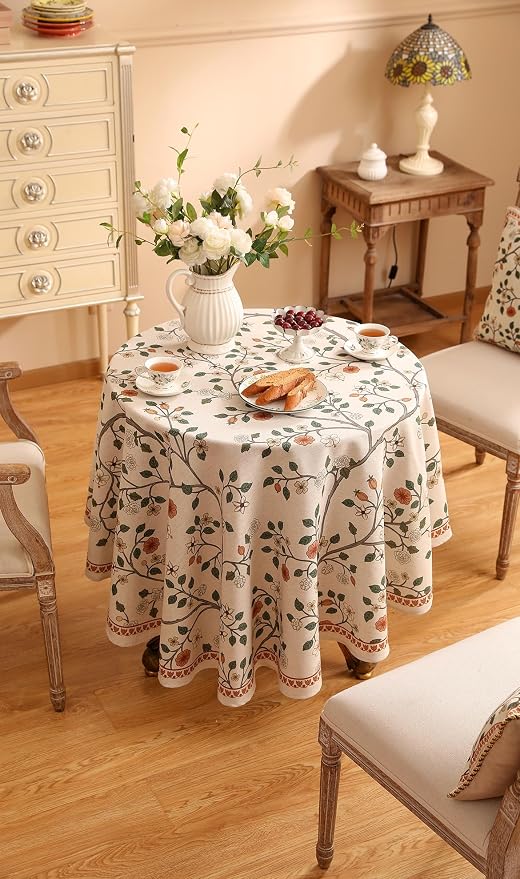 ISAENNE Designer Floral Small Round Tablecloth, French Linen Light Beige Indoor - Image 8
