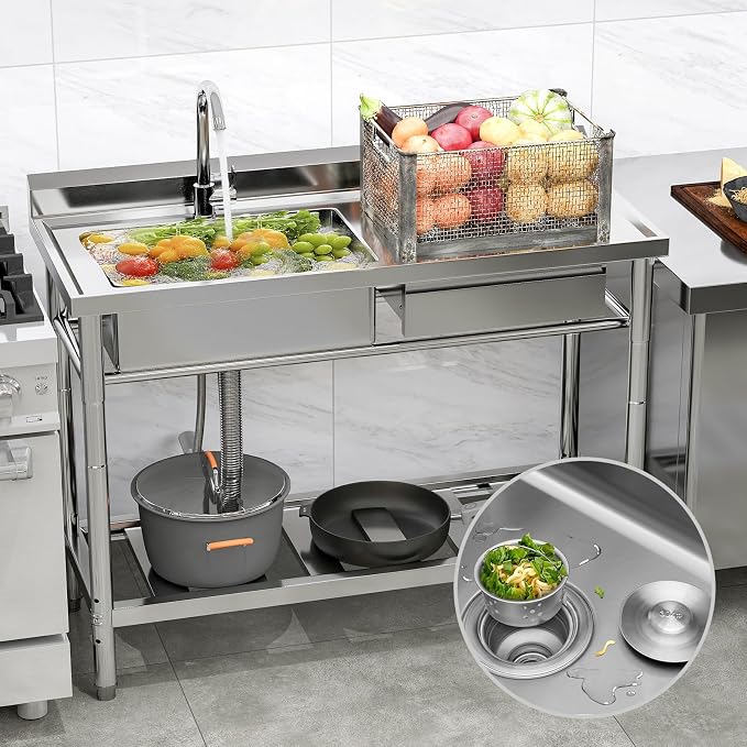 Stainless Steel Utility Sink, 47.2'' Free Standing Single Bowl Kitchen Sink - Image 8