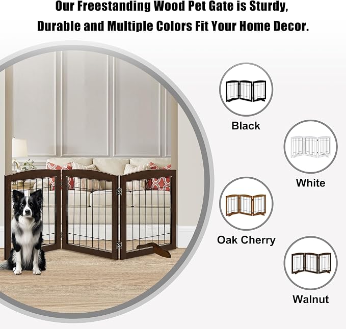 LZRS 3-Panel Freestanding Adjustable Wooden Dog Gate—30" Tall Foldable Pet - Image 4