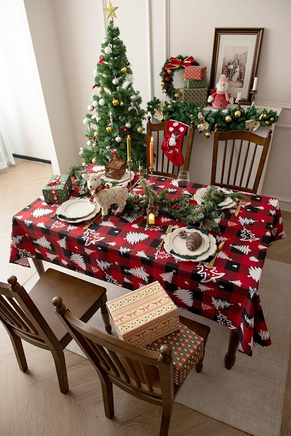 Red Waterproof Plaid Christmas Tree Tablecloth Fabric - Image 2