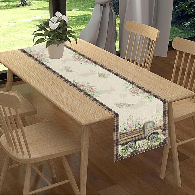 Easter Truck Table Runner, Rustic Brown Plaid Eggs Floral Bunny Spring Summer - Image 3