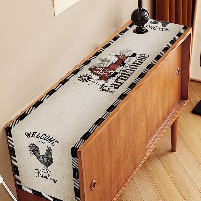 Farm Animals Table Runner, Rustic Farmhouse Cow Pig Rooster Watercolor Coffee - Image 3