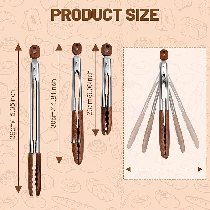 Tongs, 12 Inch Walnut Wood Kitchen Tongs with Locking Design