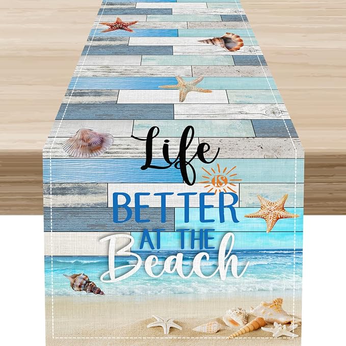 Summer Beach Table Runner, Nautical Starfish Seashell Ocean Retro Wooden Plank by Unknown