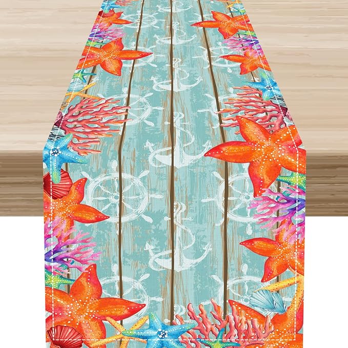Blue Starfish Table Runner, Nautical Beach Wooden Ocean Table Runner Seasonal by Unknown