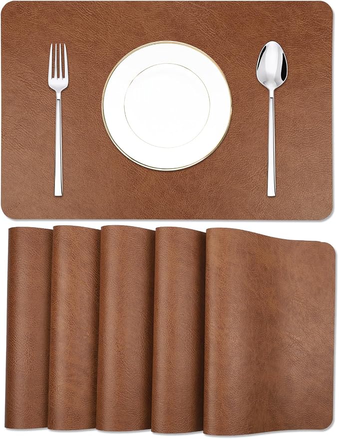 Cowhide Pattern Faux Leather Placemats Set of 6, Heat Resistant Non-Slip by EDanle