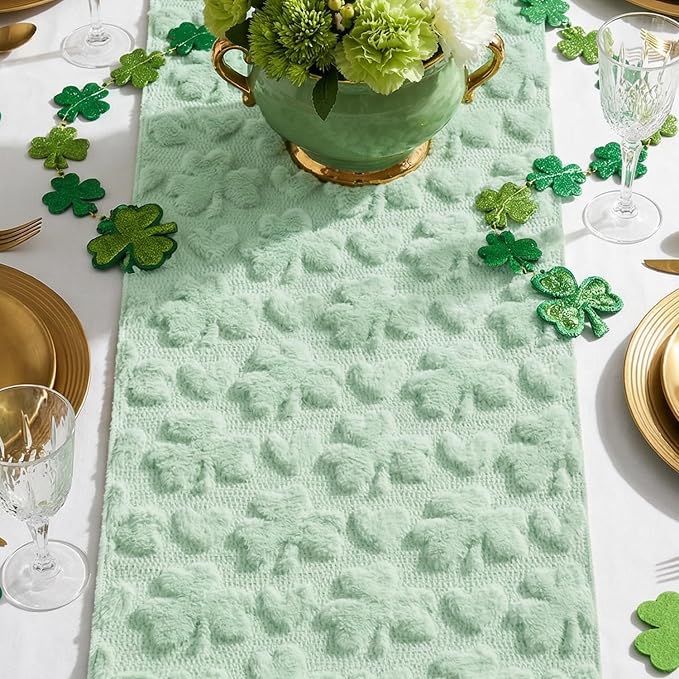 Artoid Mode Sage Green Soft Plush Faux Fur Jacquard Heart Clover St. Patrick's - Image 4