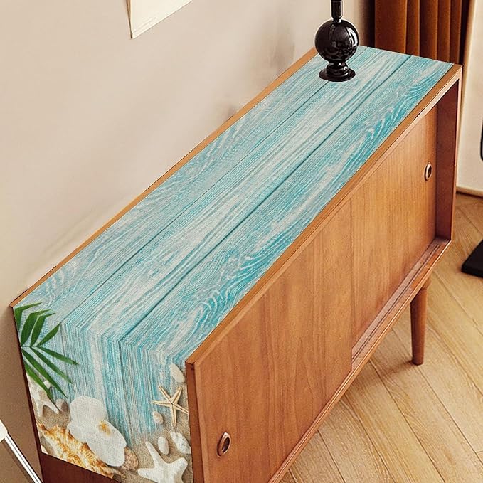 Blue Wooden Starfish Table Runner, Turquoise Tropical Summer Sandy Ocean Beach - Image 3