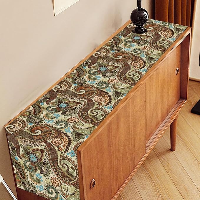 Brown Paisley Table Runner, Rustic Damask Antique Floral Flower Retro Boho - Image 3