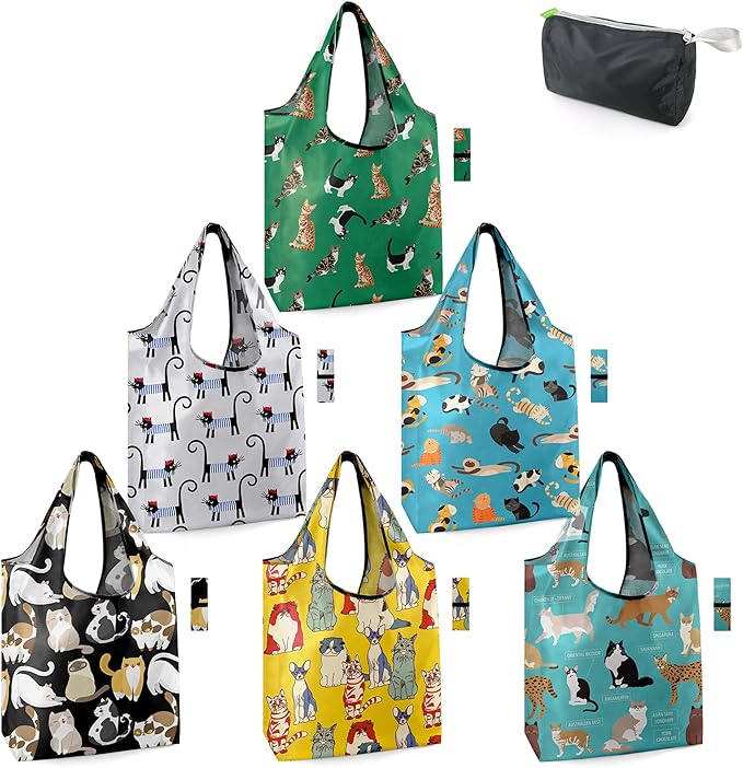 BeeGreen Gifts for Cat Lovers 6 Pack Cats Reusable Grocery Bags by BeeGreen