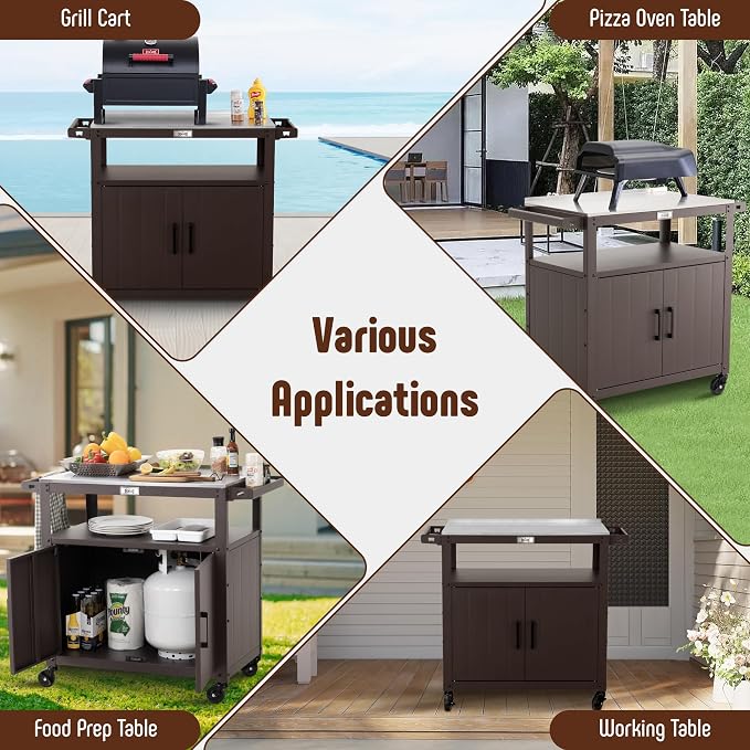 Outdoor Grill Cart with Stainless Steel Tabletop and Storage Cabinet, Movable - Image 8