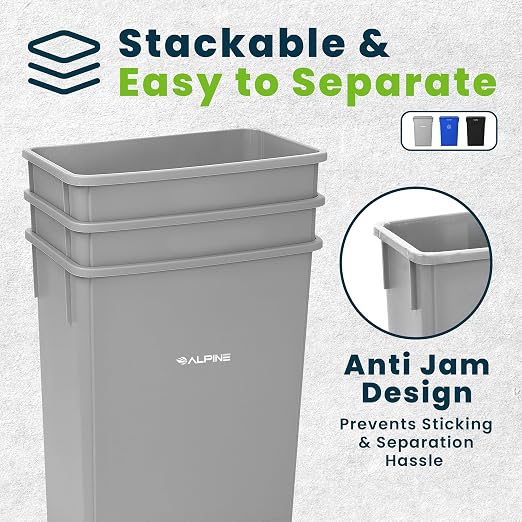 Alpine 23 Gallon Slim Recycling & Trash Bin Set – 3-Pack Blue/Black/Grey - Image 4