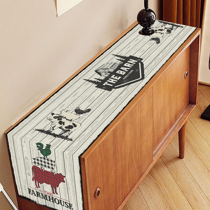 Farmhouse Pig Cow Table Runner, Rustic Black Rooster Animals Coffee Table - Image 3
