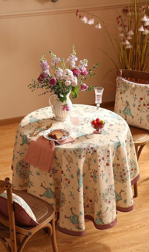 patdrea Designer Linen Beige Round Tablecloth, Vintage Italian Trees Pattern - Image 7