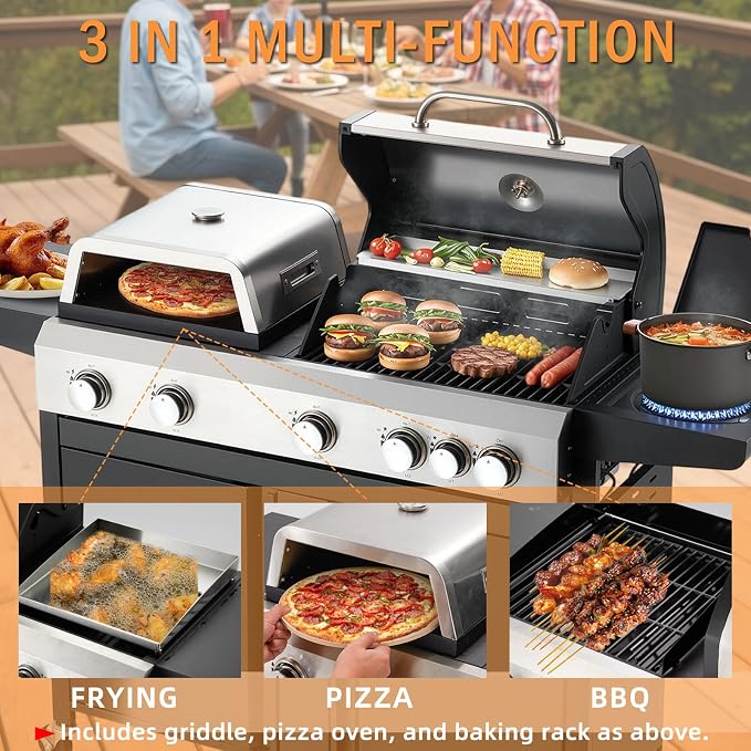 MELLCOM 3 IN 1 Pizza Griddle Grill Combo, 000 BTU 5 Burner Stainless Steel - Image 4