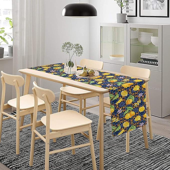 Yellow Lemon Table Runner Vintage Retro Summer Fruit Blue White Floral Printed - Image 5