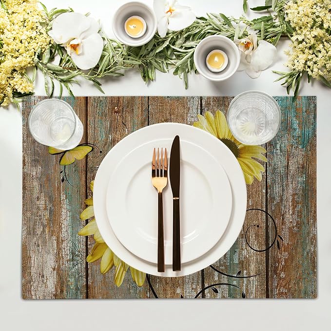 Giwawa Rustic Daisy Placemats Set of 4- Yellow Sunflowers Vintage Wood Board - Image 3