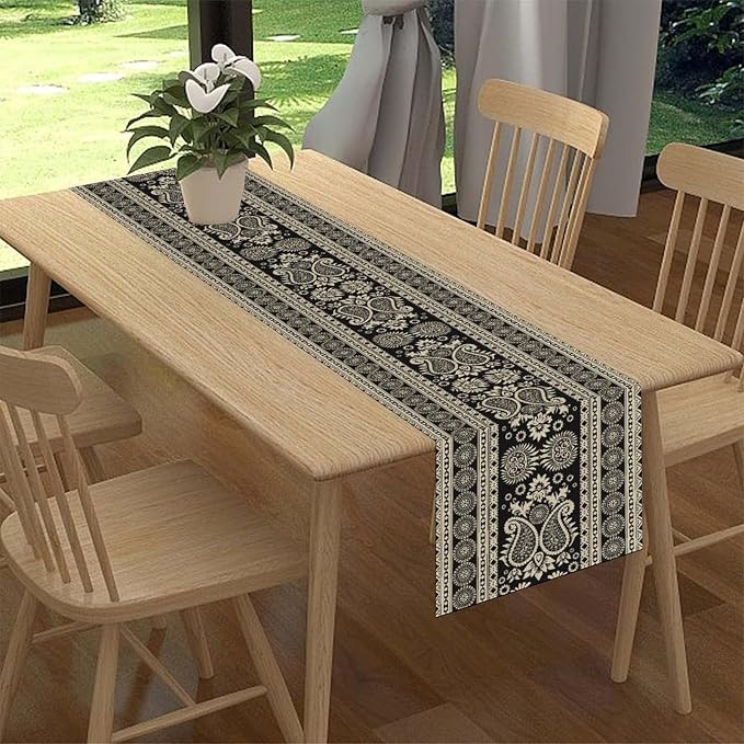 Black Paisley Table Runner, Rustic Damask Antique Floral Flower Retro Boho - Image 2