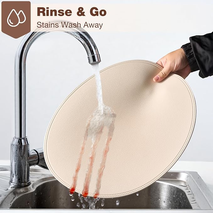 Round Vinyl Beige Placemats Set of 6, Faux Leather Waterproof Wipeable Heat - Image 7