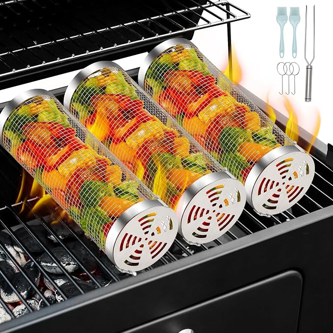ZORMY 3pcs Rolling Grill Baskets, Grill Veggie Basket, BBQ Baskets by ZORMY