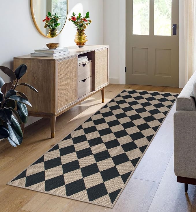 Easy Jute Checkered Runner Rug, 2x6 Black Modern Washable Rugs Runner by Rugalia