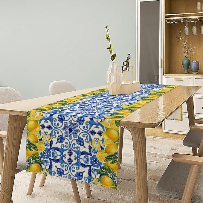 Blue Lemon Table Runner, Italy Tile Yellow Lemon Fruit Table Runners - Image 3