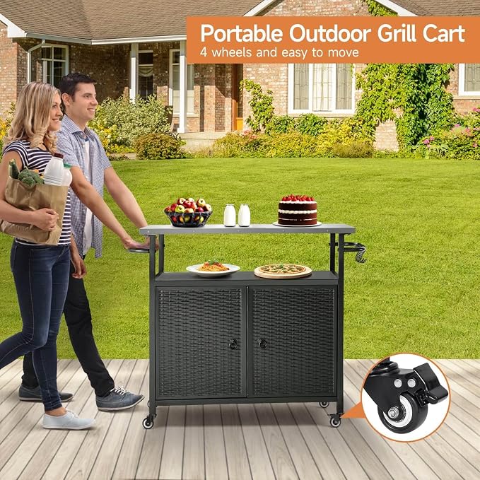 Outdoor Grill Cart with Storage, Outdoor Bar Cart with Wheels, Kitchen Island - Image 7