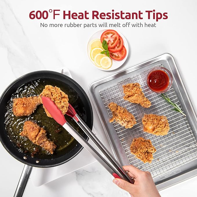 Tongs, 16-Inch Red Locking Grill Tongs with Silicone Tips