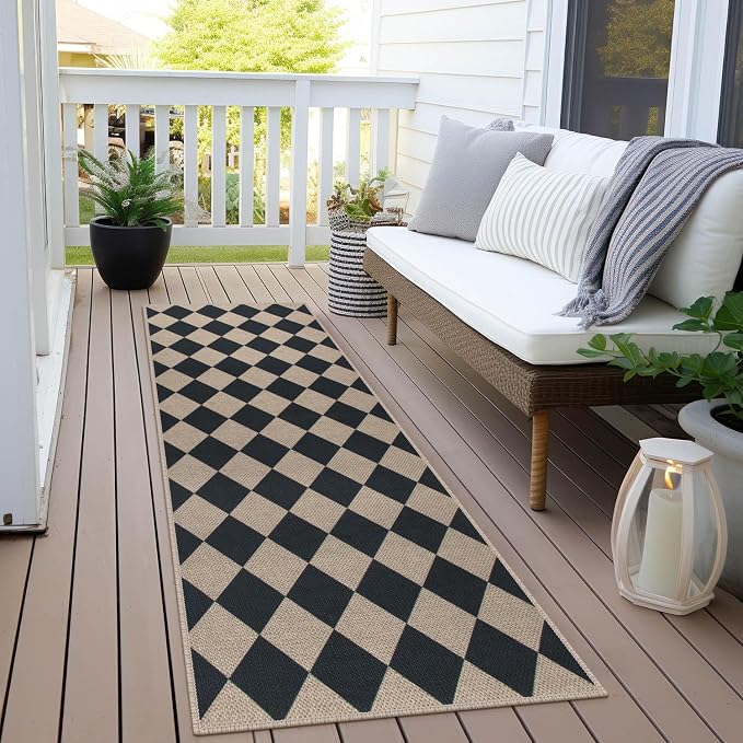 Easy Jute Checkered Runner Rug, 2x6 Black Modern Washable Rugs Runner - Image 6