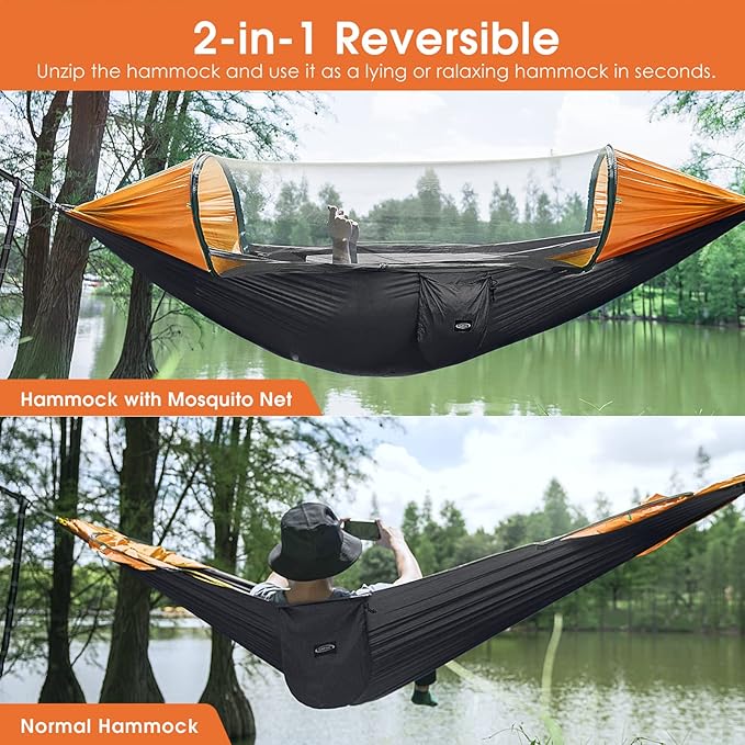 Hammock with Mosquito Net, Black/Orange Nylon Pop-Up Camping Hammock