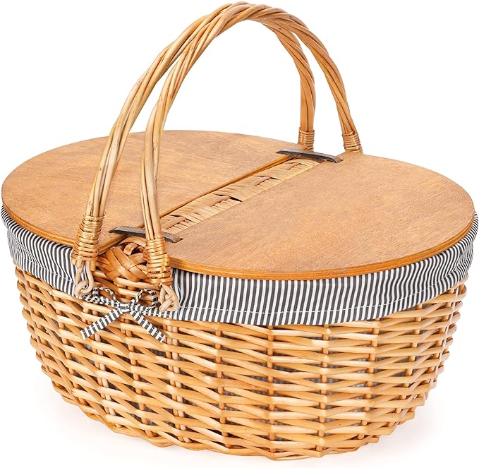 Wicker Picnic Basket with Liner, Wooden Split Lid Picnic Basket, Vintage-Style by ZORMY