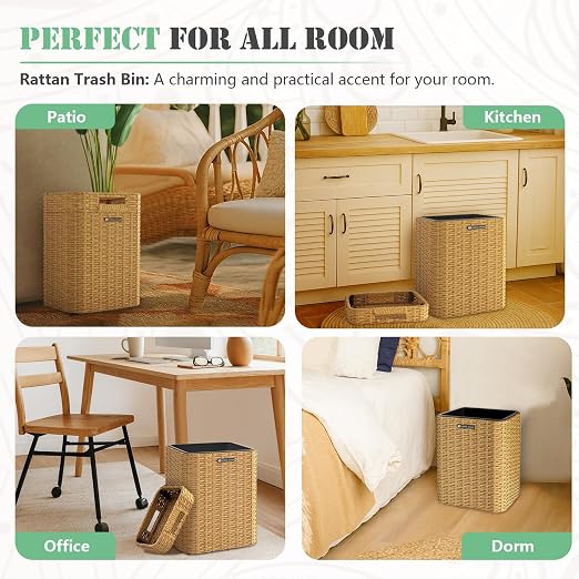 Ypati Rattan Trash Can with Lid, Wicker Bathroom Garbage Bin with Removeable - Image 7