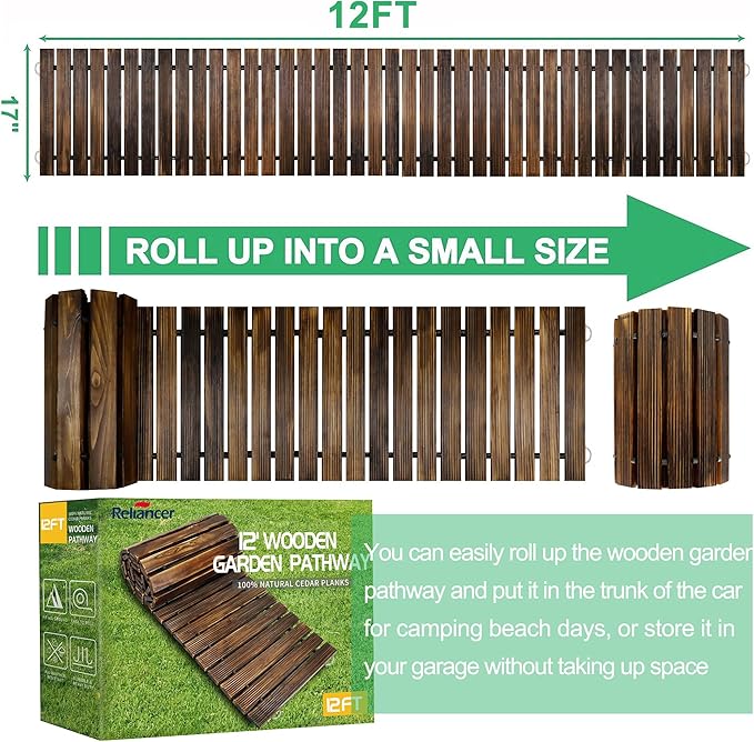RELIANCER 12' Wooden Garden Pathway, Outdoor Roll Out Cedar Straight Walkway - Image 2