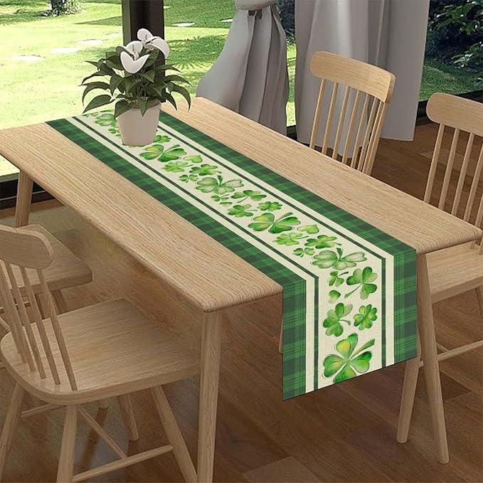 St.Patrick's Day Table Runner, Vinatge Rustic Green Buffalo Plaid White - Image 3