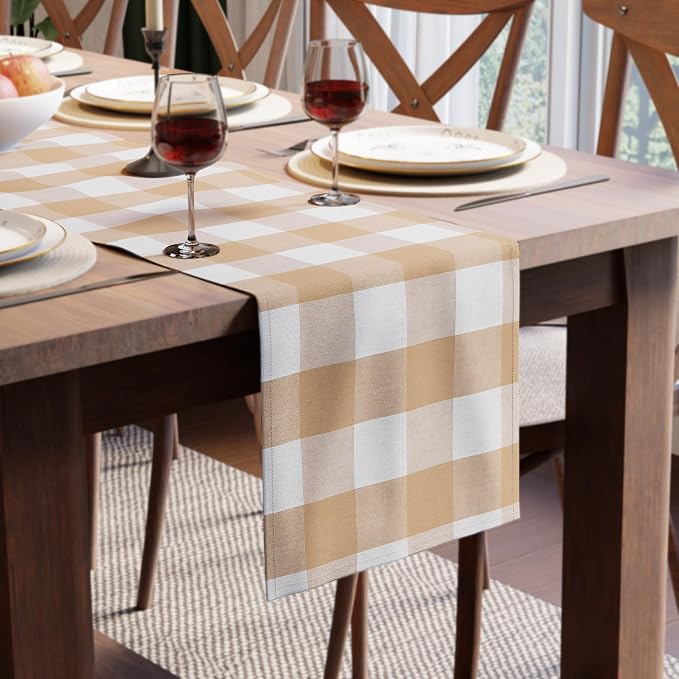 Encasa XO Cotton Dining Table Runner | Buffalo Beige Checks | Size 13x72 in by EncasaXO